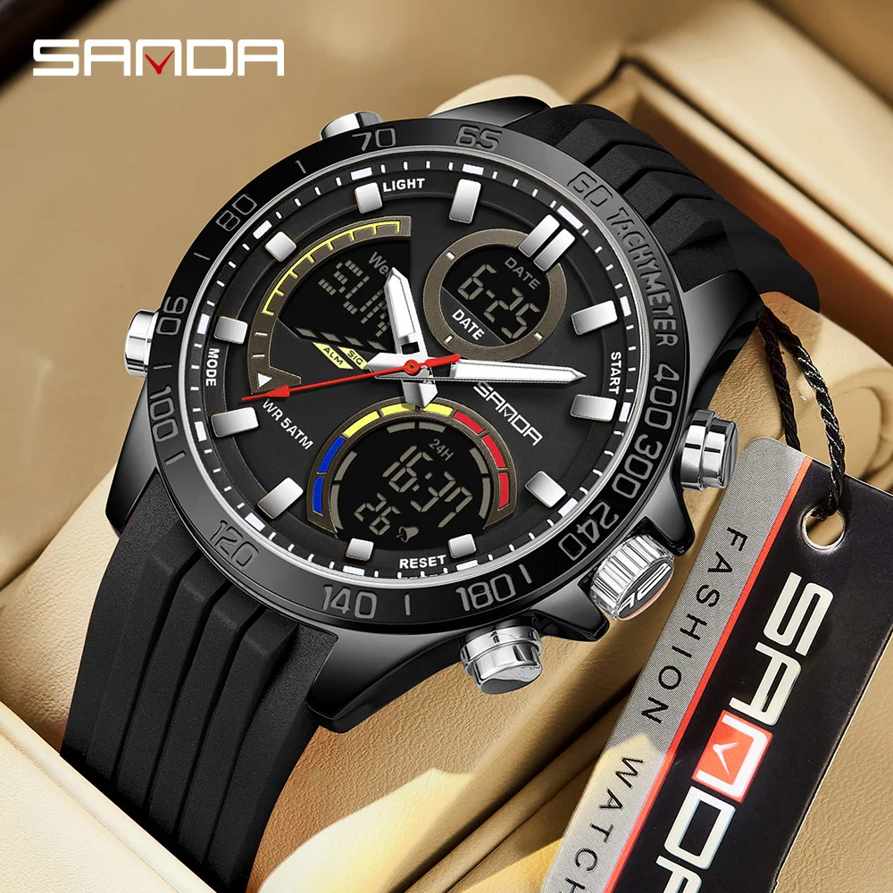 2025 Sanda 6269 Electronic Cool Watch Waterproof Alarm Clock Multi Functional Steel Band Men's Fashion Trend Watch
