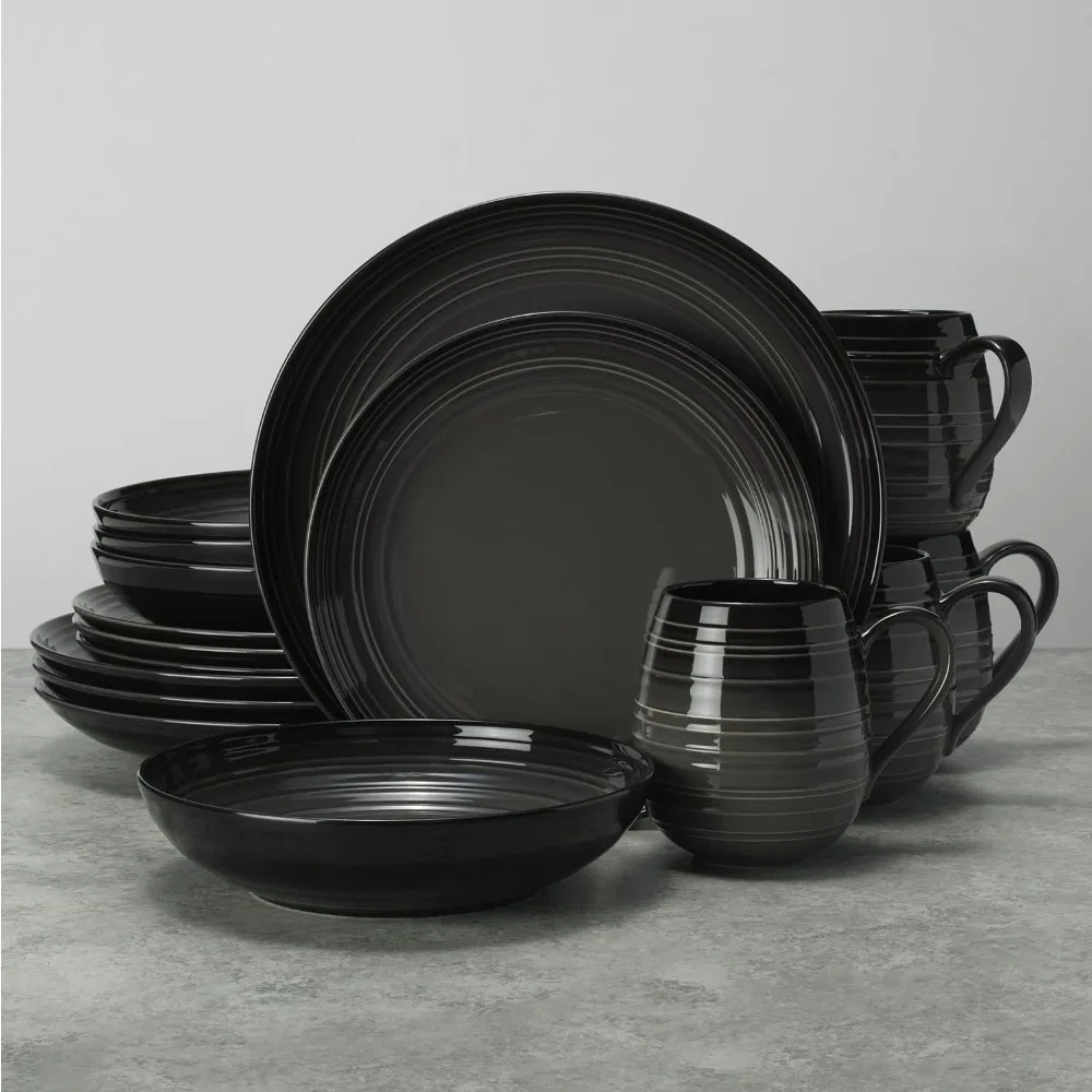 

Service For 4 Complete Tableware Black 16 Piece Dinnerware Set Dish Gaphite Ombre Plates Dinner Sets freight free