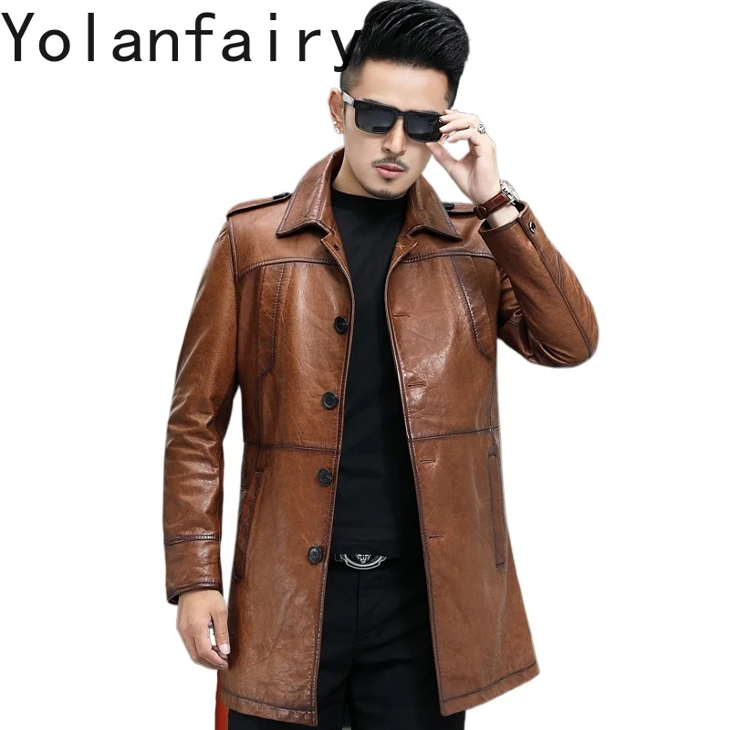 YOLANFAIRY Genuine Leather Sheepskin New in Jackets Long Coat Men Autumn Winter Trench Casual Lapel Jacket Abrigos Para Hombre