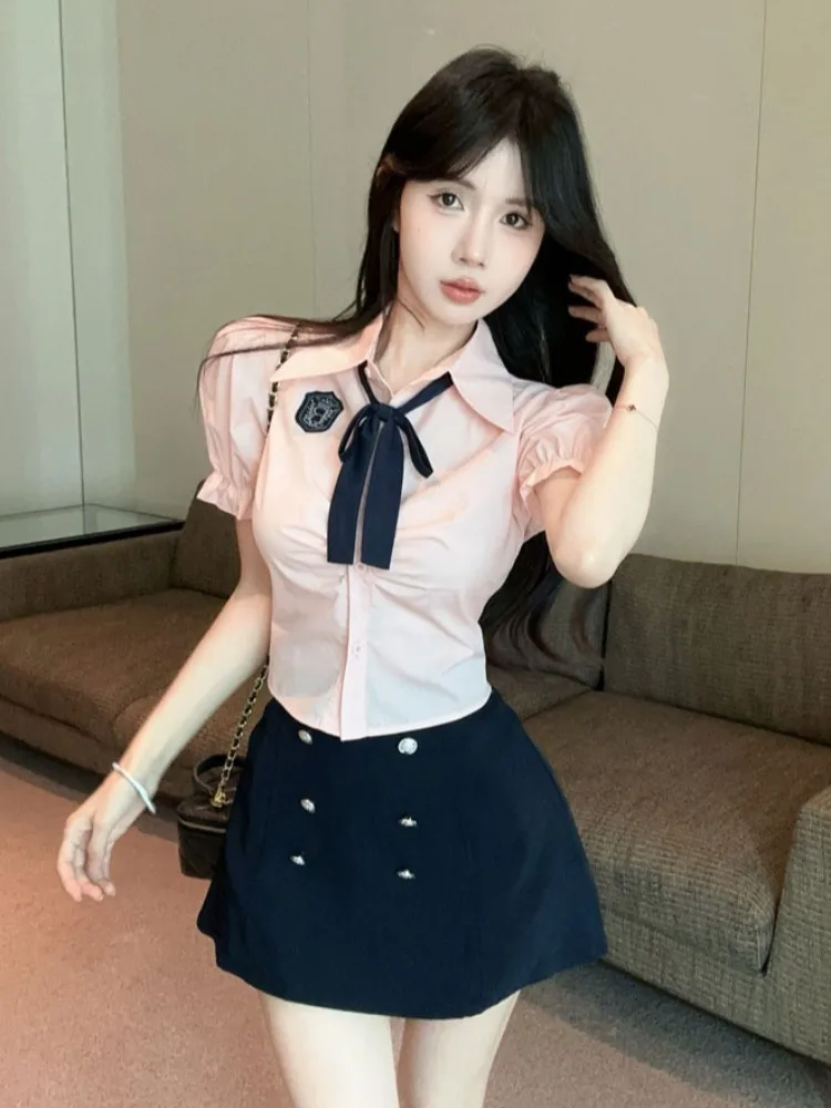 

College Style Sweet Spicy Summer JK Uniform Waist Cinching High Waist Short Sleeve Two Piece Set Business Casual A-Line Skirt