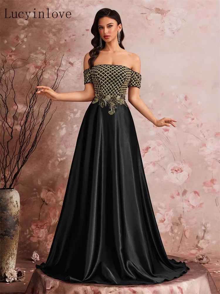 Lucyinlove Elegant Short Sleeve Off-the-shoulder Sequins Splicing Formal Evening Dress Women Sticker Wedding Party Guest Gowns