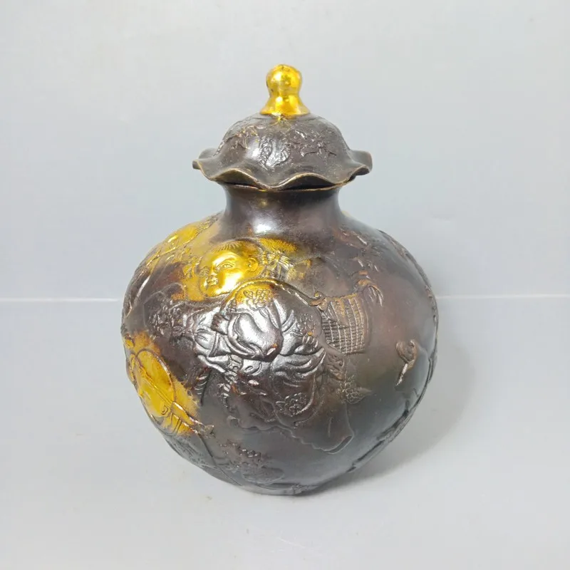 Gilt copper general jar ornament, vintage tea canister, old object, antique copperware craft