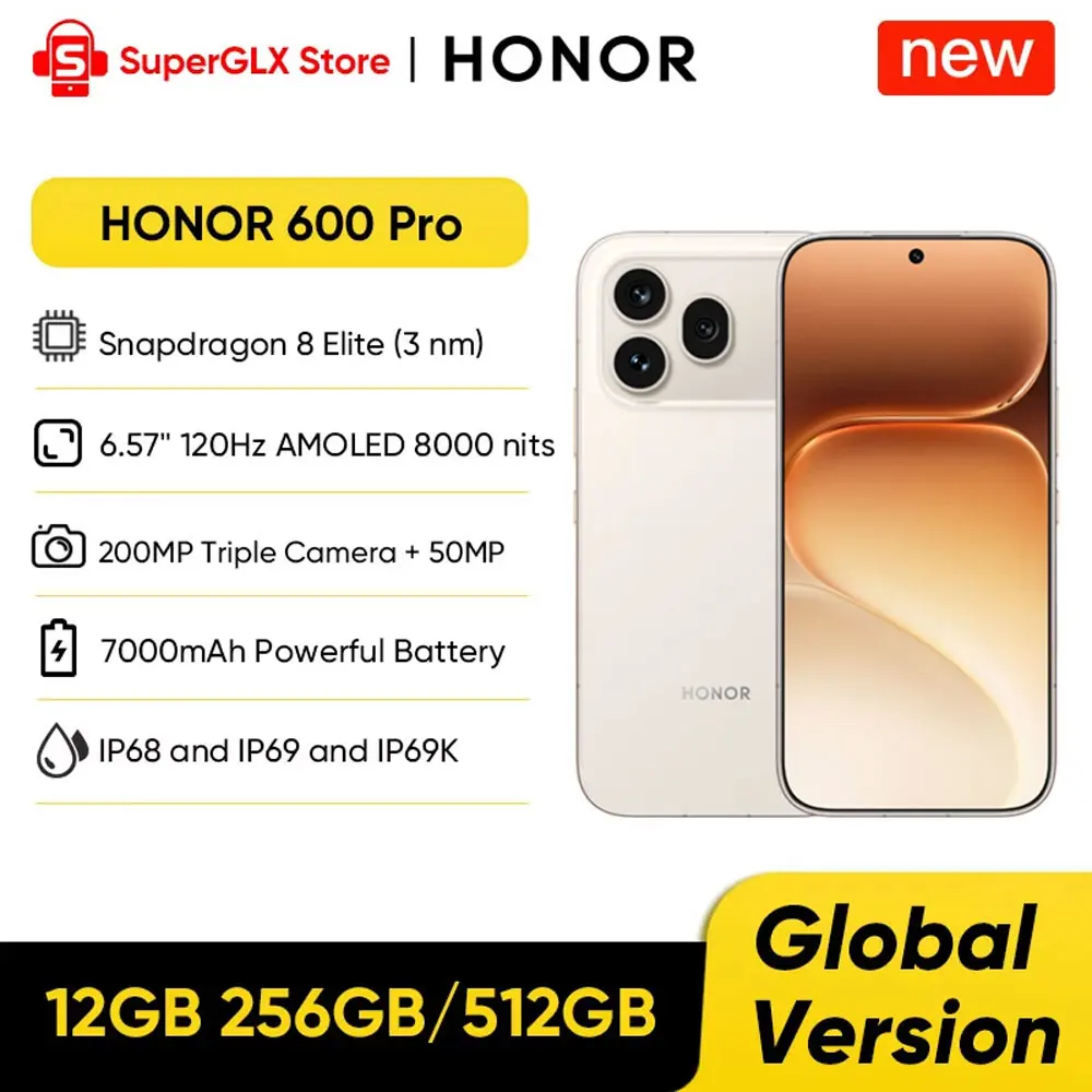 Global Version HONOR 600 Pro 5G Smartphone Snapdragon 8 Elite 200MP AI Camera 6.57'' AMOLED Display 7000mAh 80W SuperCharge