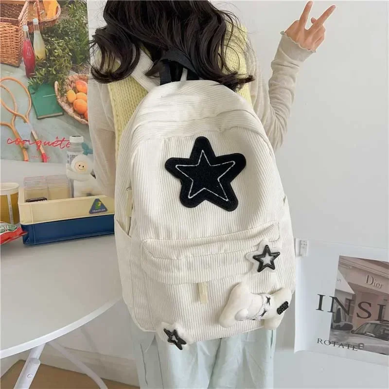 Y2K Girls Star Pattern Laptop Backpack Teen Student Large Capacity School Bookbag Corduroy Rucksack Double Strap Shoulder Bag