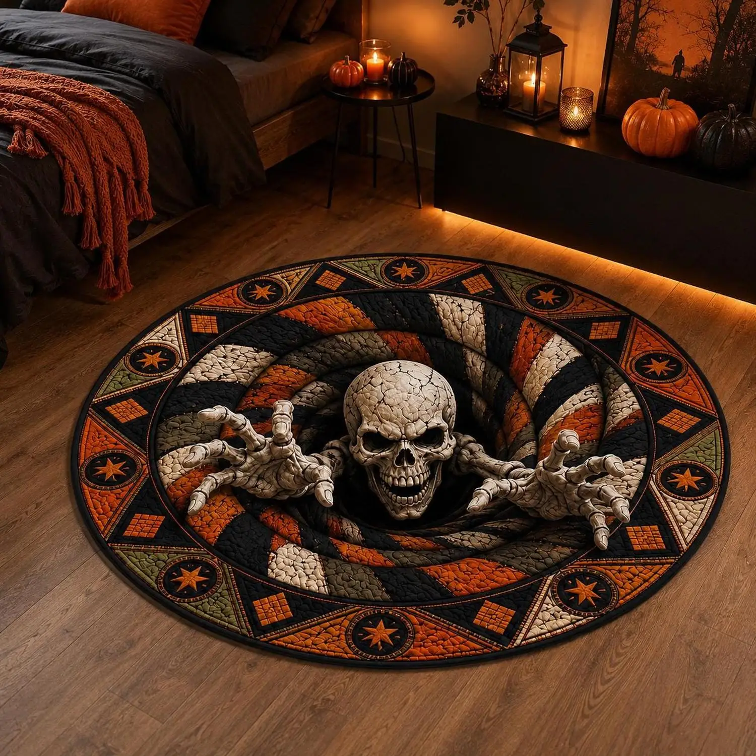【Room Decoration Carpet】Halloween 3D Holographic Round Carpet, Skull Swirl Carpet, Scary Skull Head Carpet, Gothic Floor Decoration, Haunted House Carpet, Halloween Gift