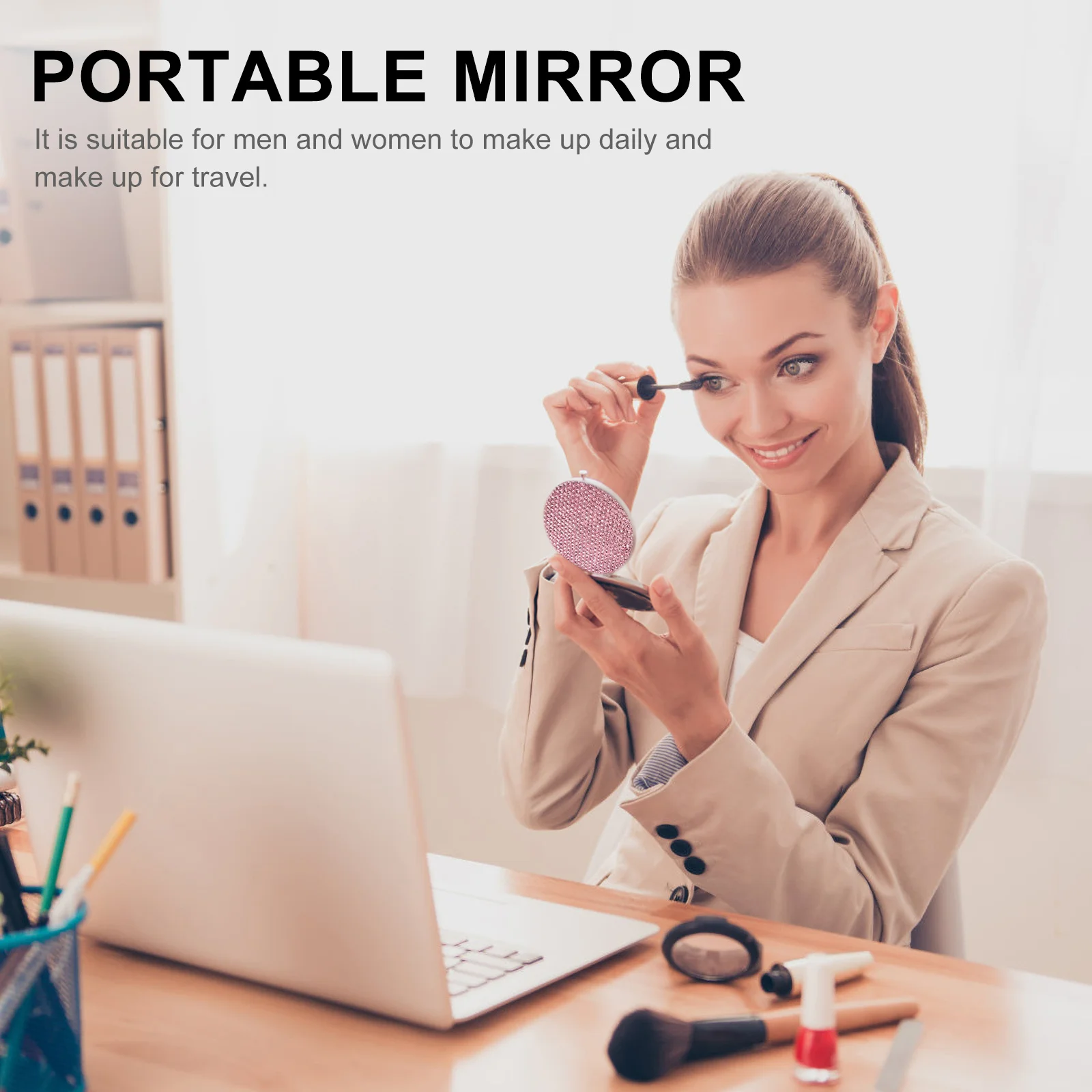

2 Pcs Rhinestone Compact Mirror Small Foldable Makeup Way Pink Mirrors