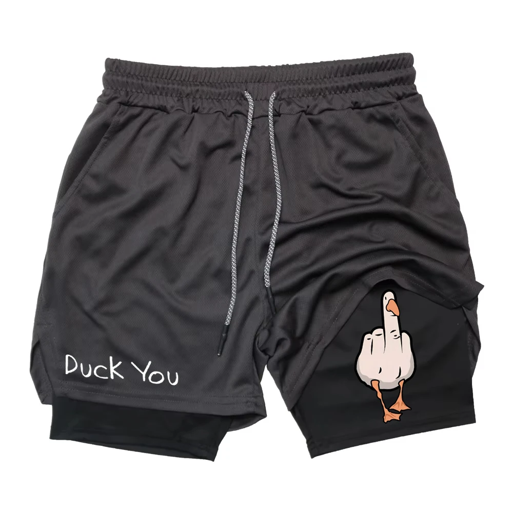 Cartoon Duck Print Men's Shorts Summer Double Layer Letter Print Quick Drying Pants Fitness Tracksuit Beach Short Pants