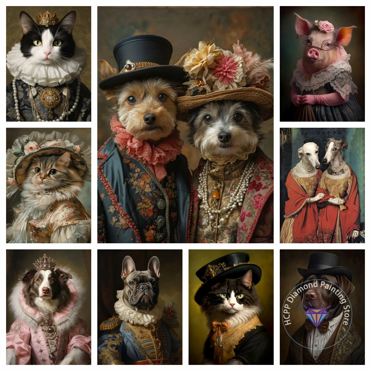 Viktorianisches Tierporträt, Hund, Katze, Schwein, Fuchs, Kaninchen, Diamant-Malerei-Set, 5D-Kreuzstich, handgefertigte Kunst, Geschenk, Kunsthandwerk, Heimdekoration, Geschenk