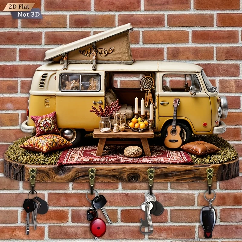 Bohemian Style Wall-Mounted Key Rack | Vintage Wooden Camper Van Design with 4 Metal Hooks, Space-Saving Decor for Office