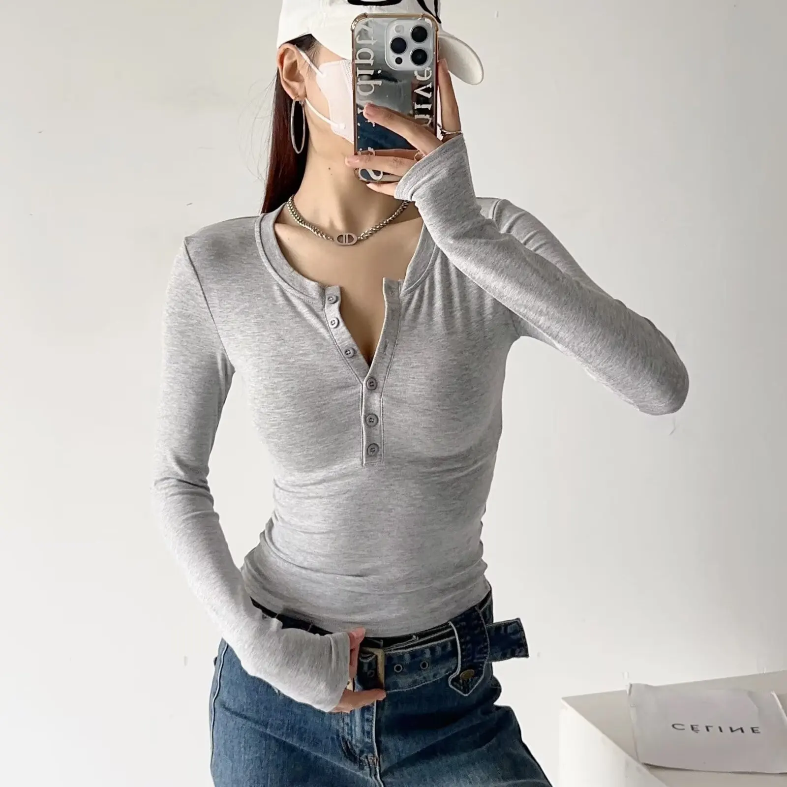 レディース スリムフィット 長袖 Tシャツ 春秋 カジュアル 裏起毛 ハーフボタン ストリートスタイル ベースレイヤー シャツ トップス