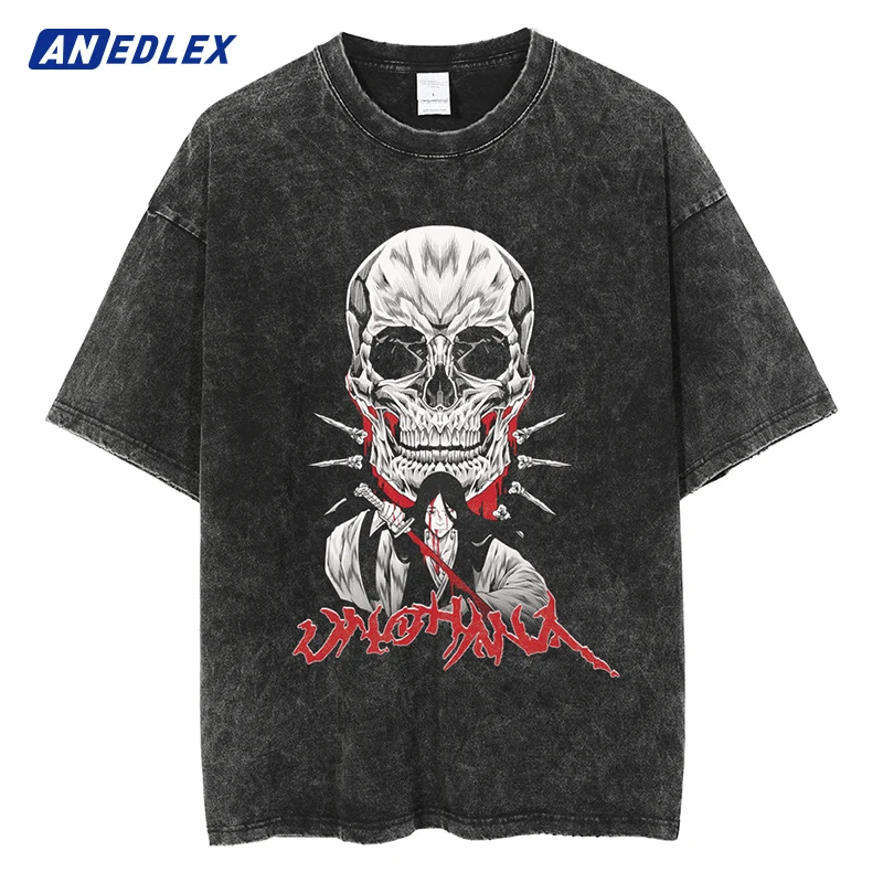 

Japanese Anime Print Washed T-ShirtHip Hop Streetwear Men Black Vintage Tshirt Summer Casual Clothing Harajuku Cotton Tops Tees