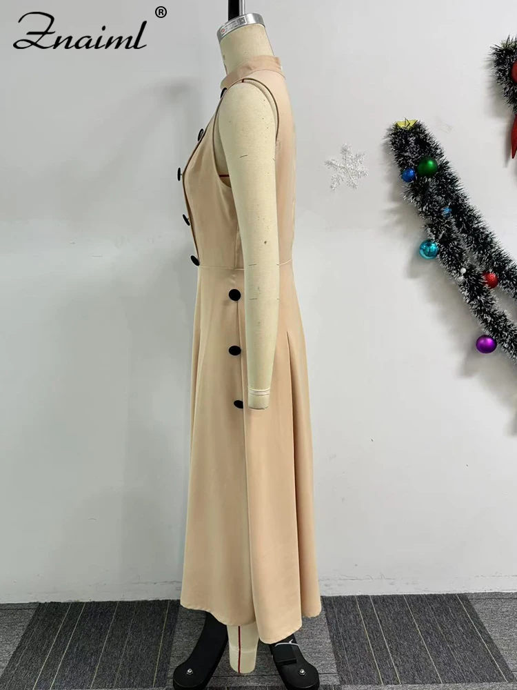 Znaiml Elegant Stand Sleeveless A-Line Pleated Khaki Mid Dresses Women Office Lady Fashion Evening Gown Birthday Prom Vestidos