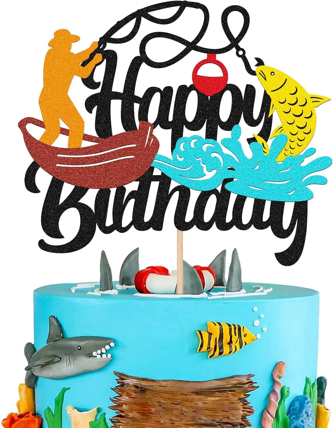 Cake Topper Fish Go Fishing Fisherman Fisher Boat Man Happy Birthaday Kids Party Cupcake Toppers Decoration Baking Supplies DIY