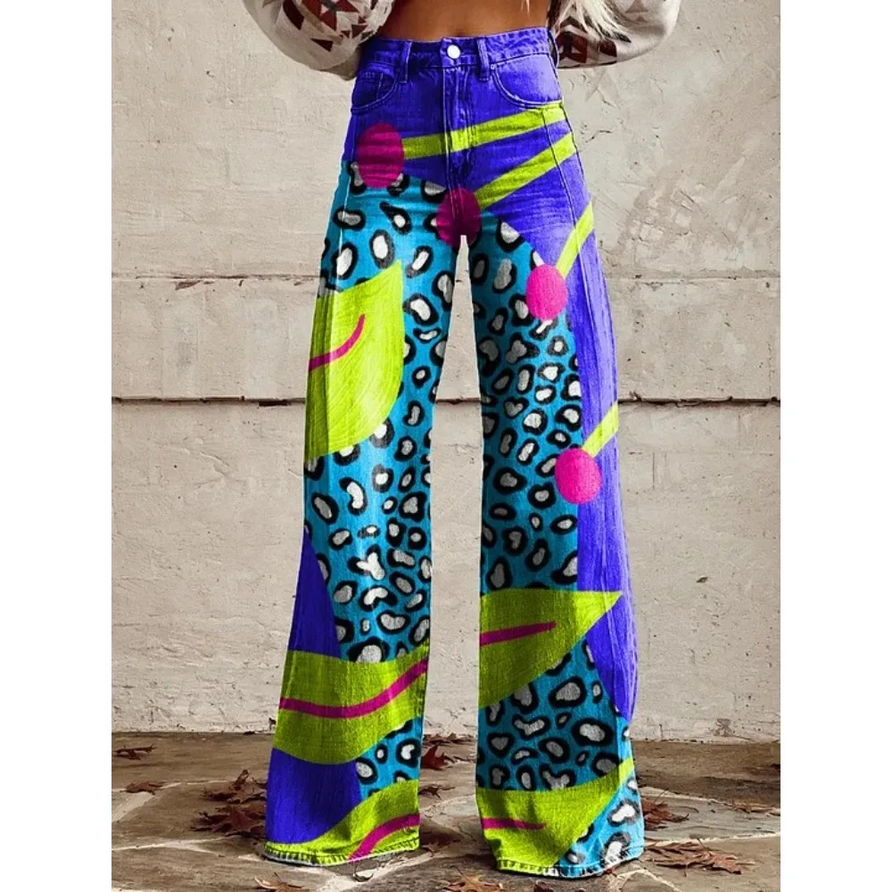 Damenhose mit Folk-Art-Print, hoher Taille und weitem Bein, Boho-Freizeithose, farbenfrohe, bequeme, locker sitzende Hose für den Alltag – Detail 8