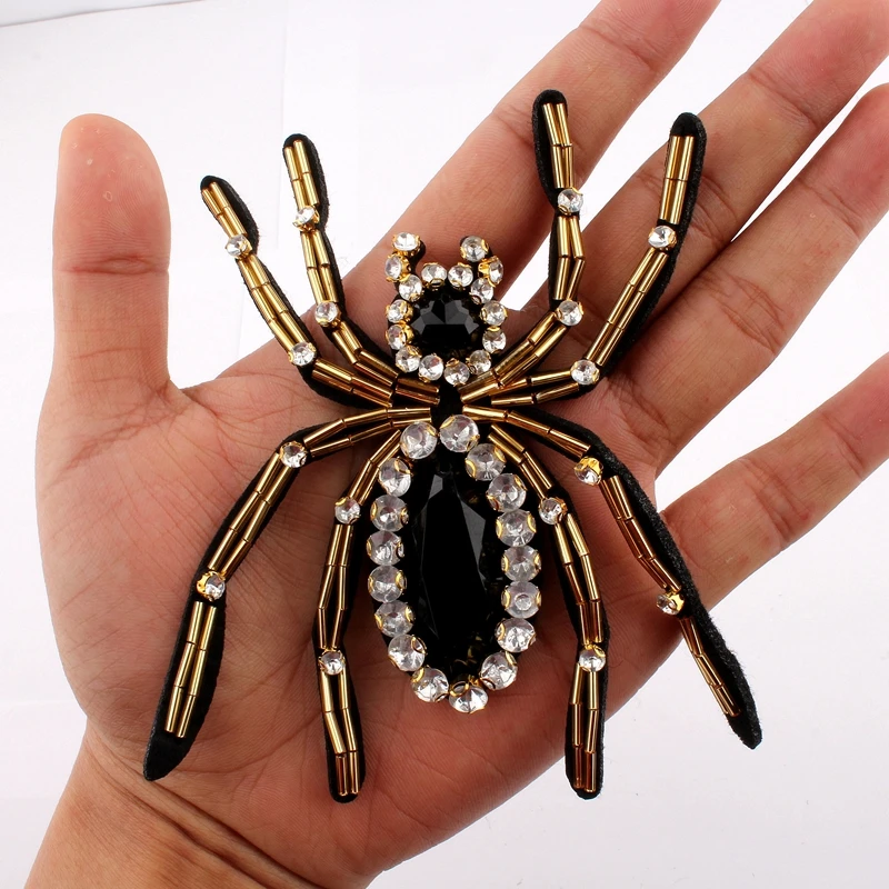 20pcs 11CM*9CM Handmade Stick Insect Rhinestone Applique For Clothing Decoration Sew on Beaded 3D Spider Patches For Apparel