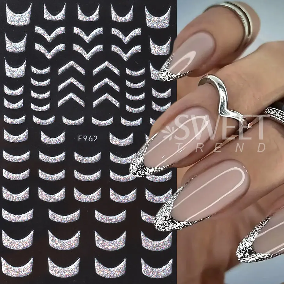 Glitter Silver Stripe Lines Nail Stickers Shiny Wavy Lines Graffiti French Tips Gel Polish Sliders Metallic Manicure Decoration