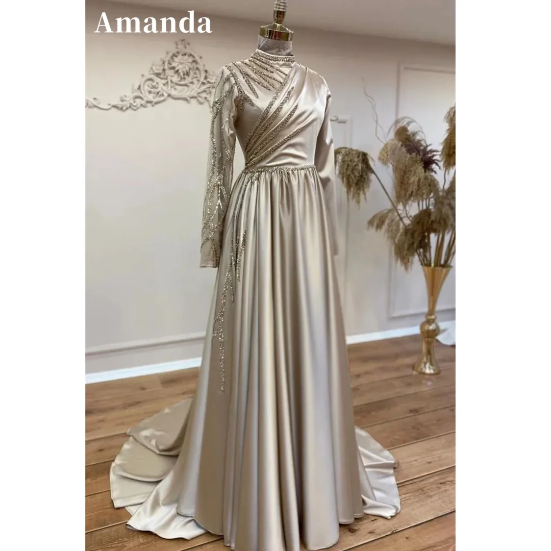 Amanda Modest Long Sleeve فساتين سهرة Luxurious Satin A-line Vestidos De Fiesta Light Champagne Elegant  Porm Dresses 2024