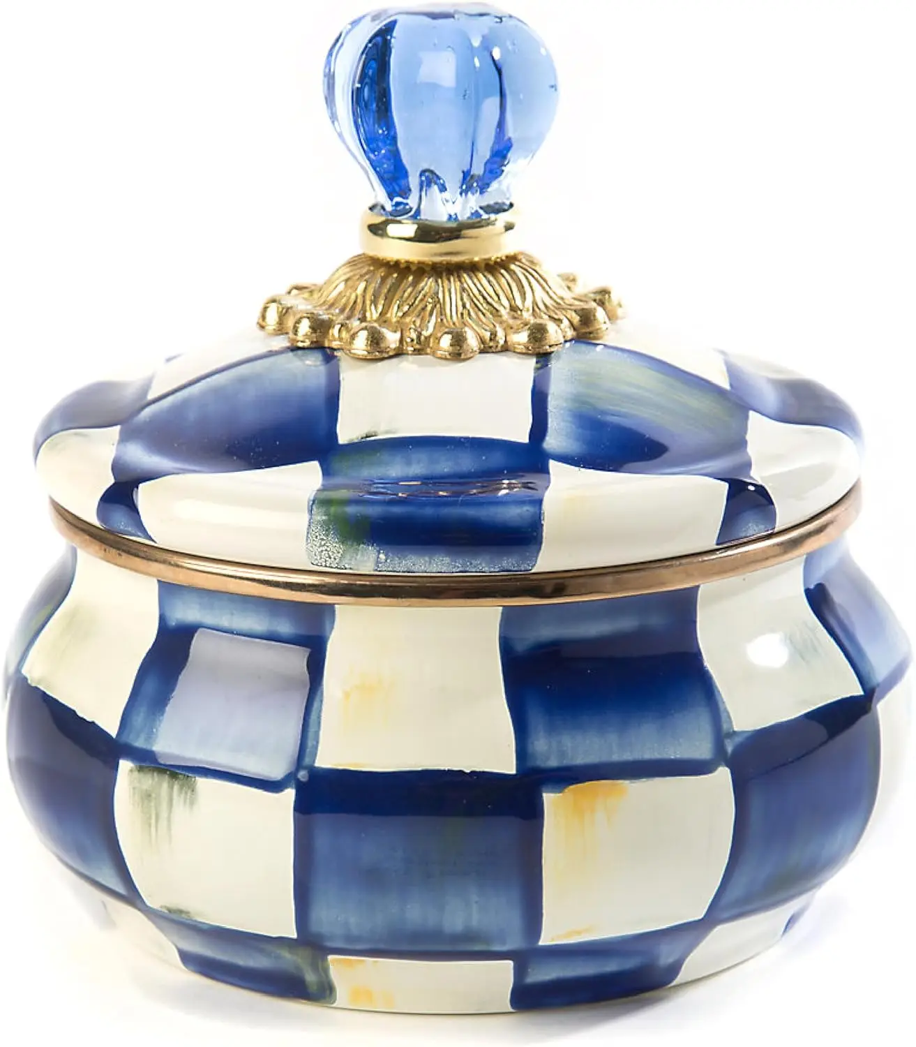 Enamel Squashed Pot, Cute Enameled Container with Lid, 20 Ounces, Blue-and-White Royal Check