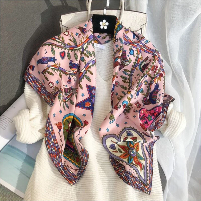 2024 90*90cm Square Scarf Twill Cotton Feeling Women Head Shawls And Wraps Luxury Print Neck Scarves Hijab Bandana Pashmina