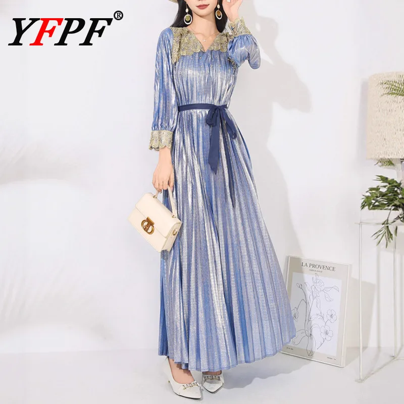 

YFPF элегантное женское вечернее платье Miyake плиссированное бронзовое кружево в стиле пэчворк с v-образным вырезом на шнуровке длинные платья мода 2023 новинка