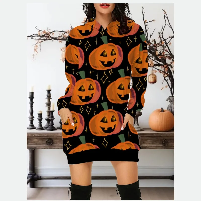 Evil Pumpkin Halloween Hoodies Fall Streetwear Pumpkin Pullover Sweatshirt Dresses Oversize Halloween Sweatshirts Short Dresses