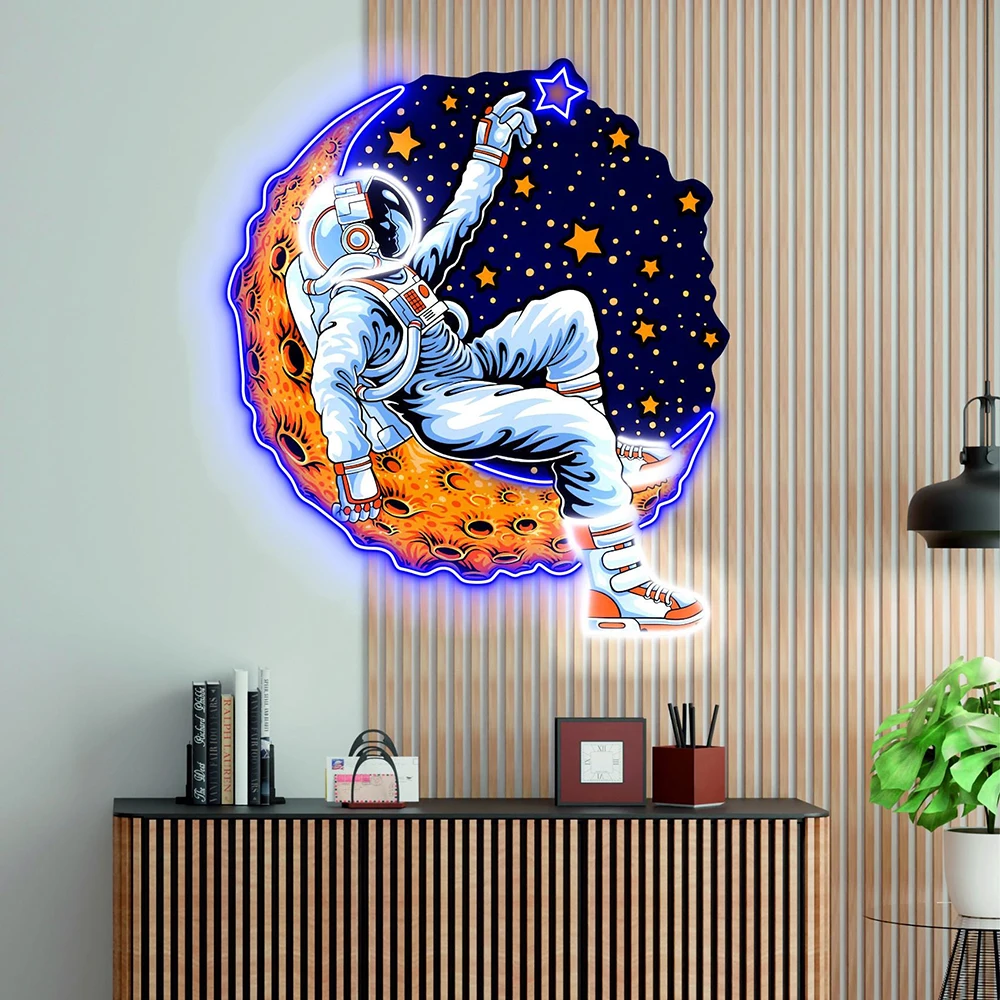 Astronaut Liggend Op Maan Neon Teken Handgemaakte Spaceman Led Neon Bord Slaapkamer Kinderkamer Huis Muur Neon Licht Gepersonaliseerde Geschenken