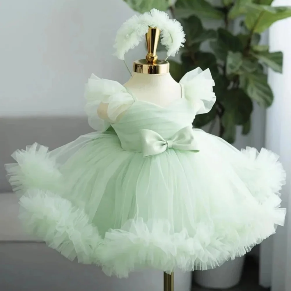 Lovely Mint Green Flower Girl Dress Pleats Tulle A-Line Puff Ruffles Cute Dress for Kids First Communion Birthday Party Gowns