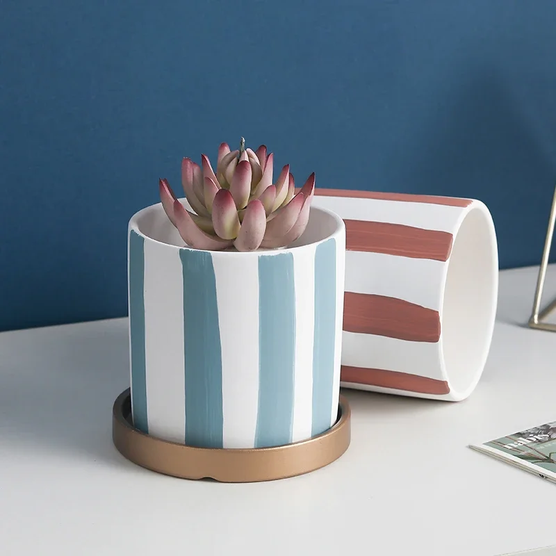 1pc New Ceramic Hand-painted Flower Pot With Gold Tray Succulent Plant Pot Indoor Flower Pot With Hole in the Bottom