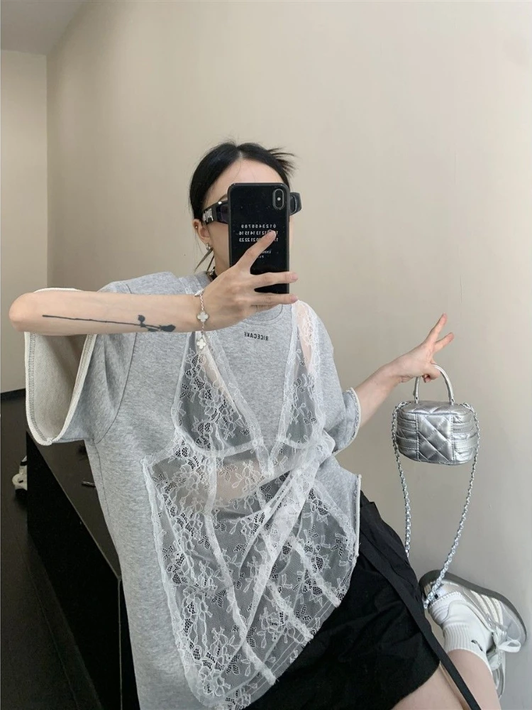 Lace Oversized Vintage Cut Out Sheer T-shirt 4XL New Women T-shirts Loose Short Sleeve Niche Design Fashion Y2k Top for Girls