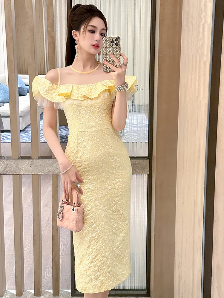 여성 의류 노란색 자카드 러플 섹시한 오프숄더 슬림 이브닝 드레스 우아한 여성 패션 파티 프롬 생일 드레스 신상품