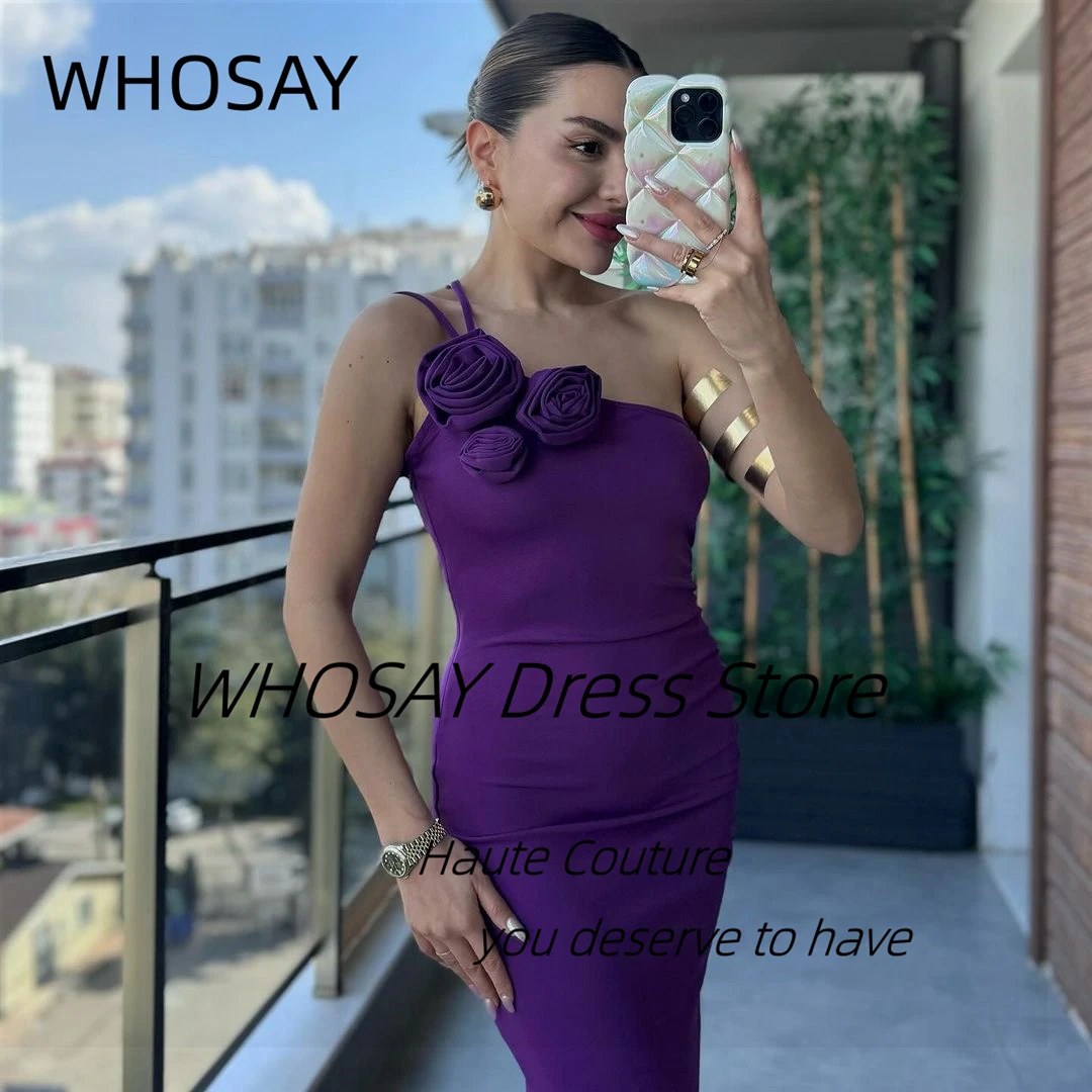 WHOSAY Real Image abiti da ballo viola con fiori abito monospalla Des abito da Cocktail Party abiti da sera con spacco laterale arricciato