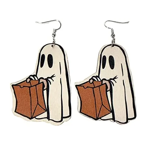 Vintage Horror Ghost Wooden Drop Earrings Cartoon Ghost Clown Ghost Wood Drop Earrings for Women Halloween Party Jewelry Gift