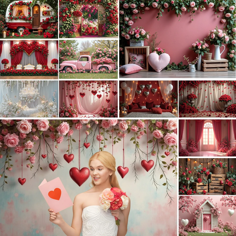 

MOON.QG Valentine'S Day Decor Background Car Pink Flower Rose Red Curtains Backdrops For Photography Shooting Props Photozone
