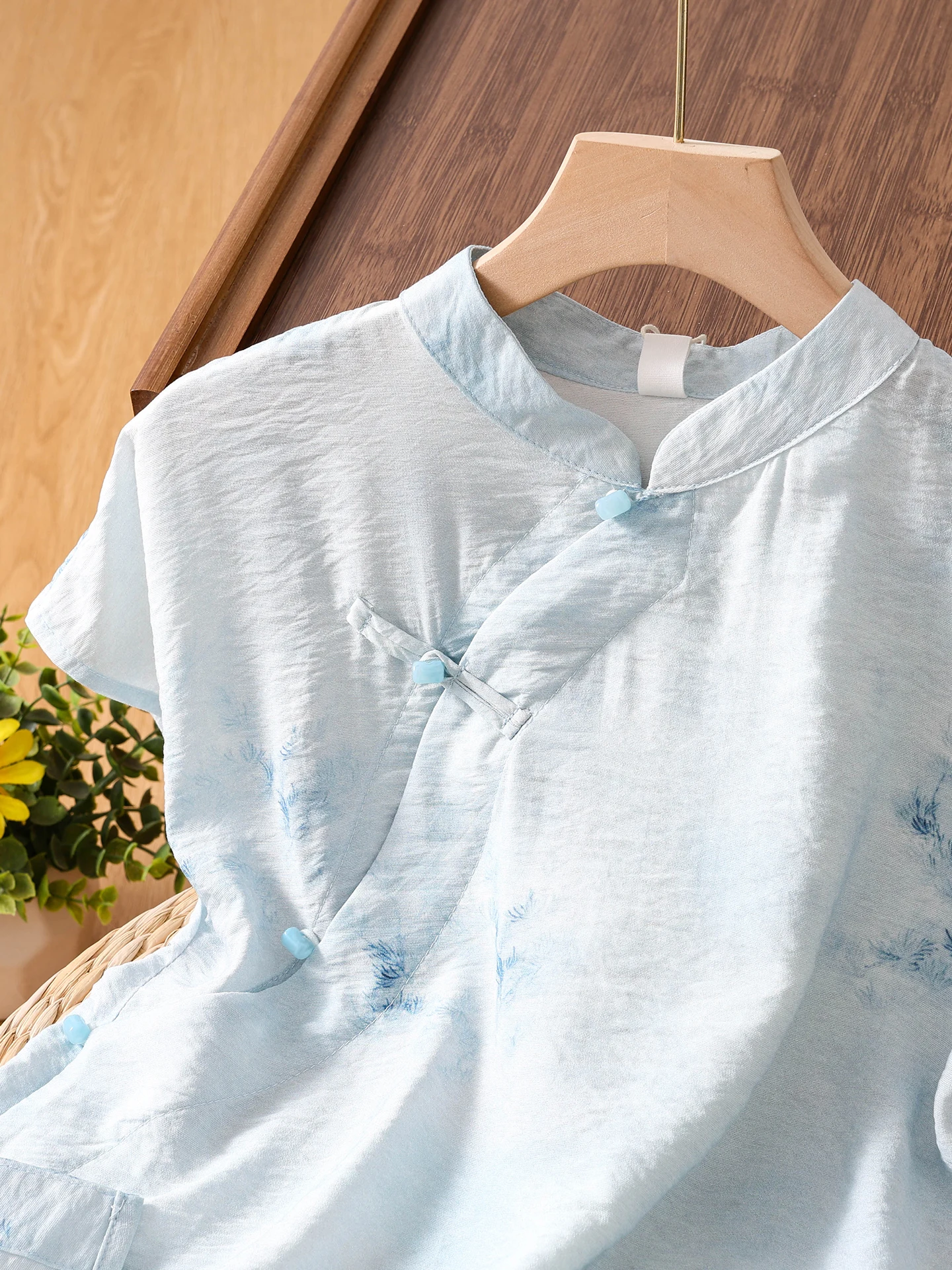 Nuevo Top chino Sle de lino refinado Svel irt para mujer, Top nacional con estampado Retro y solapa oblicua abotonada