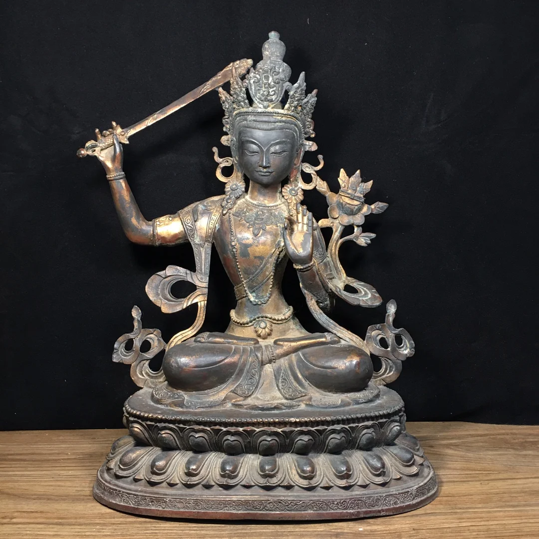 

19"Tibetan Temple Collection Old Bronze Cinnabar Mud gold Manjushri Guanyin Bodhisattva with Sword Sitting Buddha Worship Hall