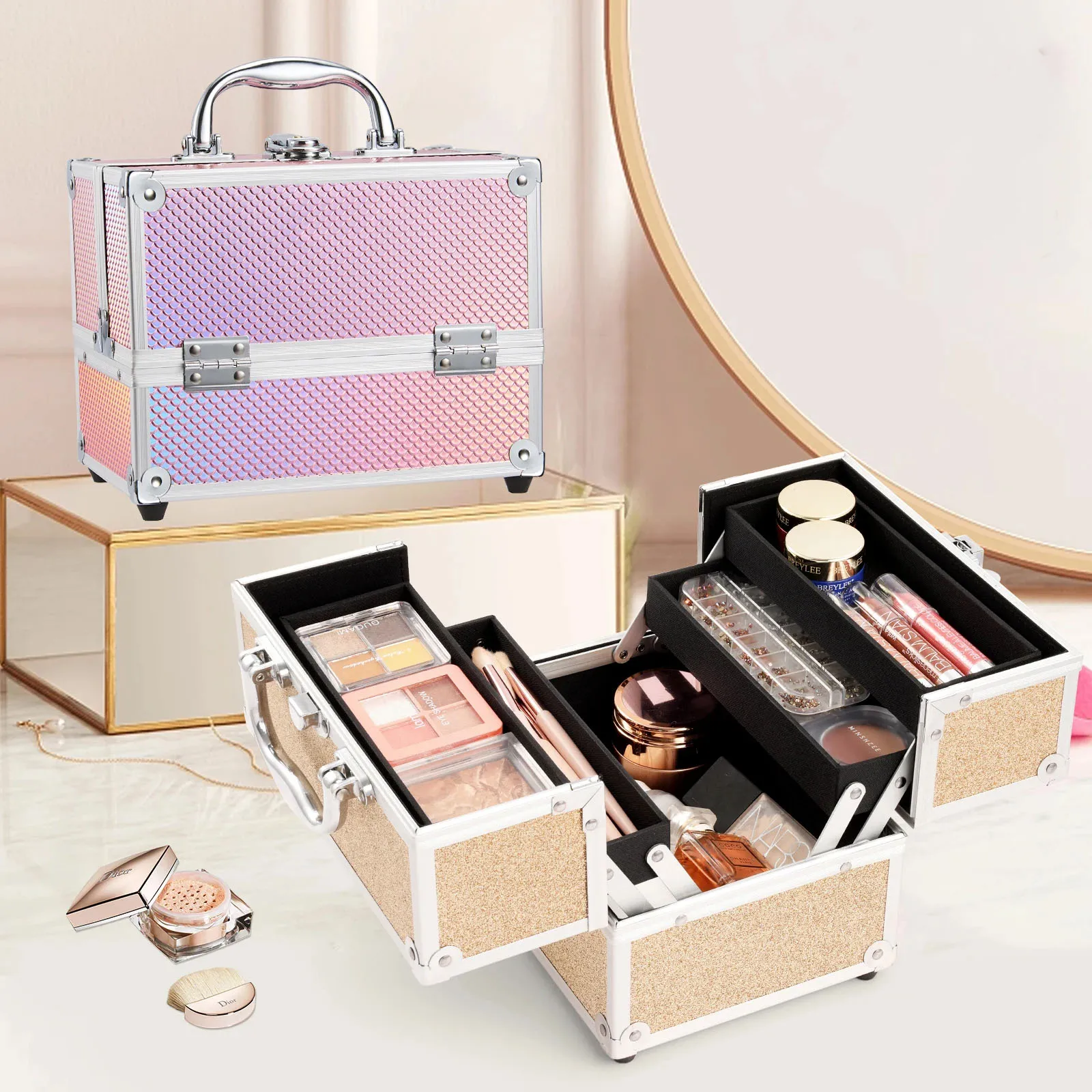 Caja de maquillaje portátil con cerradura, estuche de cosméticos de aleación de sirena con 4 bandejas, joyería para niña, accesorio para el cabello y uñas, Maleta organizadora de almacenamiento