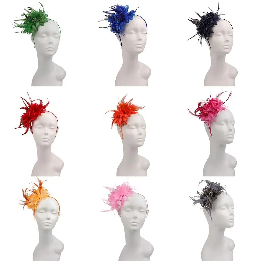 Women Elegant Fascinator Hat Headband Flower Feather Mesh Yarn Cocktail Party Wedding Hair Accessories for Cocktail