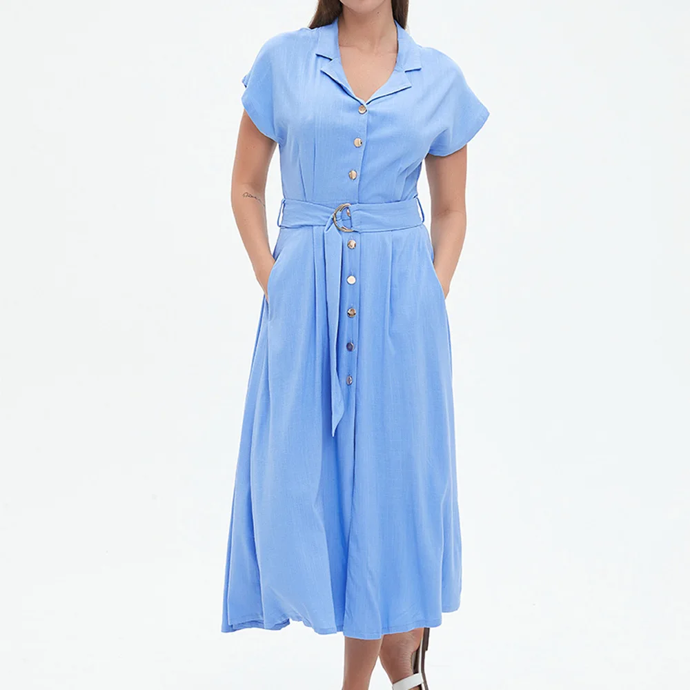 

WXOY модное однотонное платье-рубашка миди женское летнее однобортное офисное женское платье с отложным воротником с поясом