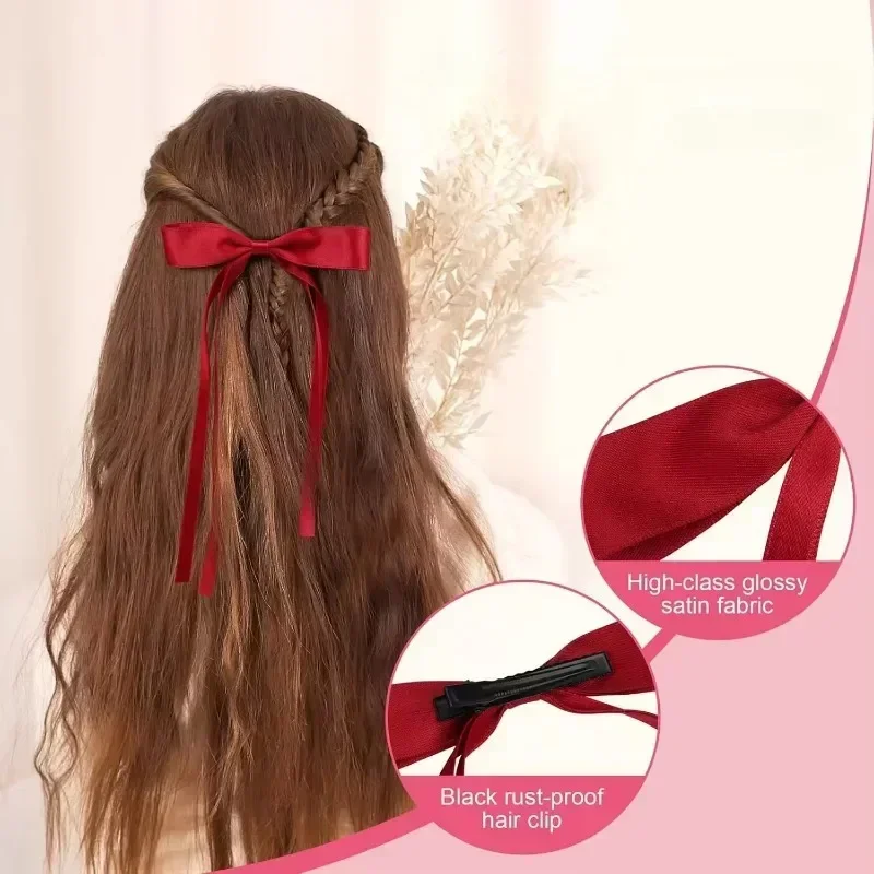 4/6/8 PCS Satin Ribbon Bows Hair Clip for Women Korean Sweat Long Tassel Tails BowKnot Barrettes Set Hairpin Girls Accessories