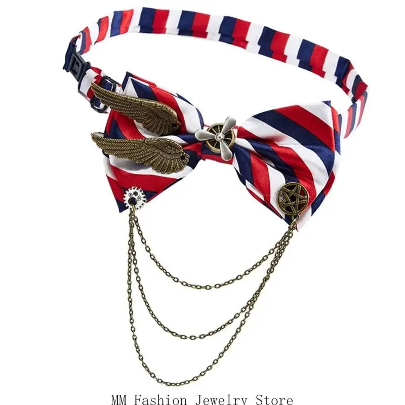 D0UB スチームパンクネクタイギア装飾フリンジチェーンボウタイ快適な調節可能なネックウェアユニセックスアクセサリー仮装パーティー用