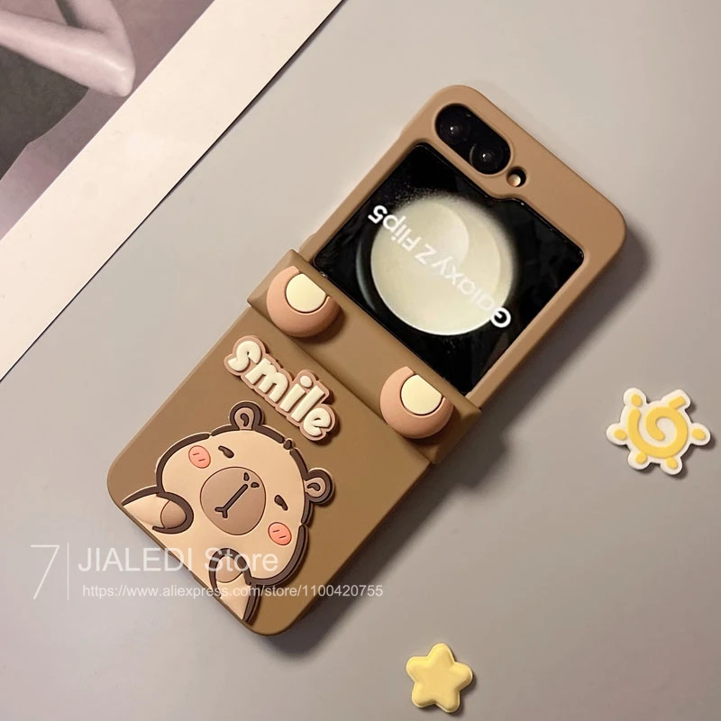 Cute Ears Capybara Bracelet Hinge Protective Phone Case For Samsung Galaxy Z Flip 3 4 5 6 7 Flip6 ZFlip7 7FE Hard Cover
