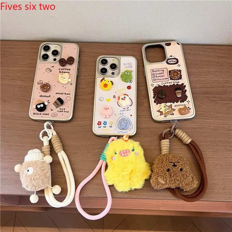 Funda de teléfono bonita con diseño de café y galletas en 3D, pulsera para iPhone 16 Pro Max 15 14 Plus 13 12 11, Fundas protectoras de cuero suave coreanas