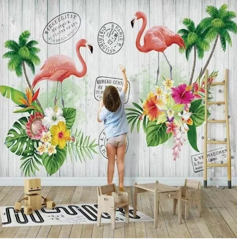 

Nordic wood-grain flamingo leaf floral plant TV background wall photos bedroom living room Custom murals 3d wallpaper for walls