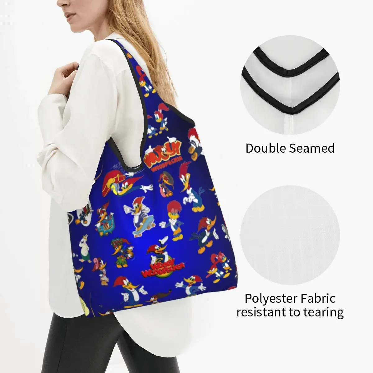 Custom Recycling Cartoon Woody Woodpecker Animation Shopping Bag Women Tote Bag Portable Grocery Shopper Bags