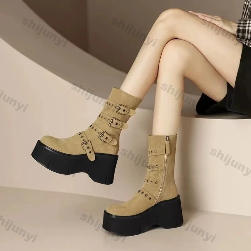 Women Soft Leather Wedge Heel Mid-calf Boots Punk Thick Sole Ankle Boots Autumn New Chunky Platform High Heel Metal Buckle Boot