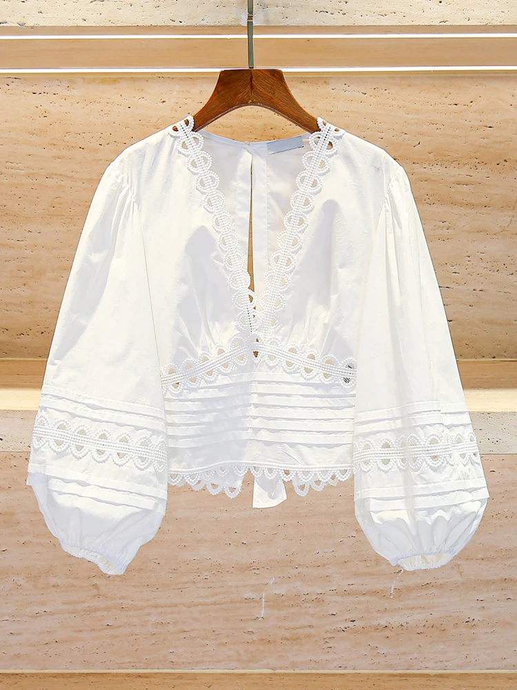 

Ele V-Ne ажурный топ Bubble Sve irt для женщин, летняя мода для поездок на работу, свободный крой, длинный све рта, длина