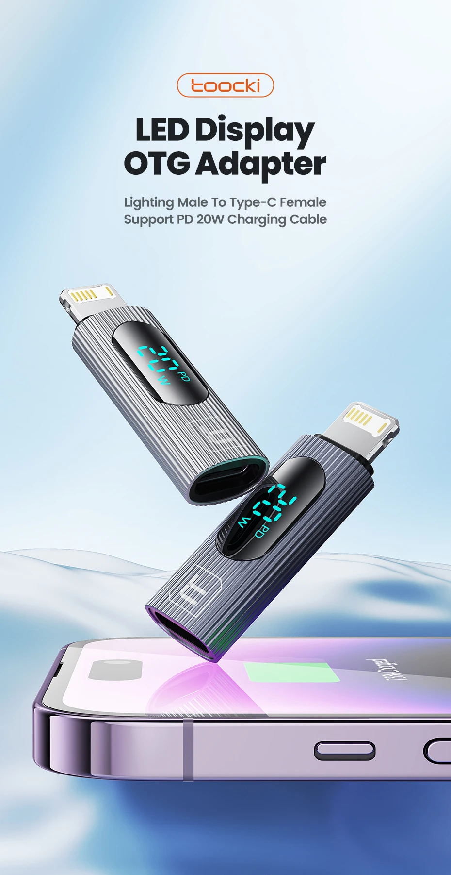 Toock 2/3/5 Pack USB C to Lightning Adapter OTG Convertor PD 20W Fast Charging LED Display for iPhone 14 13 12 11 Pro Max iPad