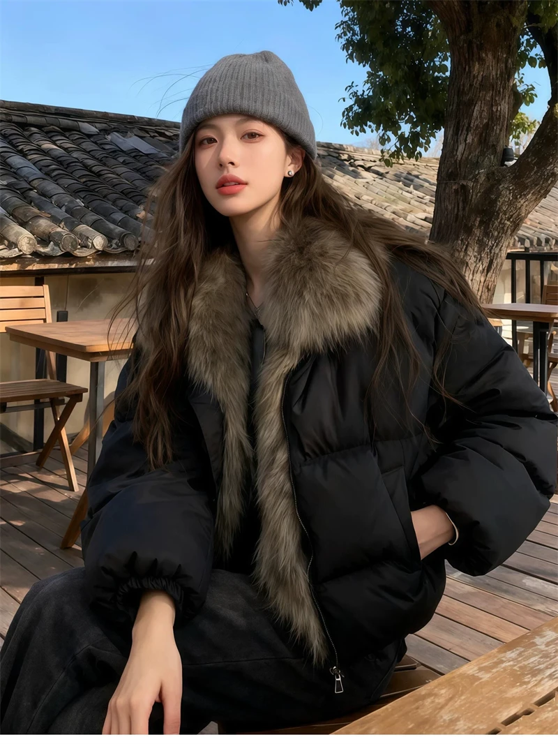 ZAROY Women's Winter Jacket Luxury Fox Fur Collar Puffy Thicken Warm Cotton Short Coat High Street Fashion Outwear Parkas куртка
