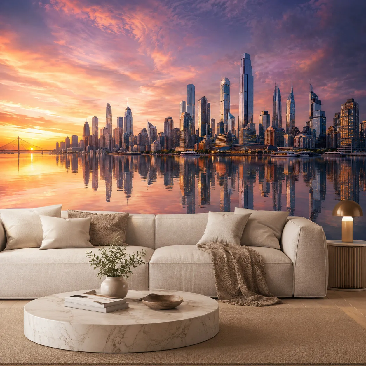 carta-da-parati-murale-con-soglia-d'orizzonte-urbano-al-tramonto-riflessi-d'acqua-e-grattacieli-moderni-per-soggiorno-e-camera-da-letto-non-autoadesiva-necessita-di-colla