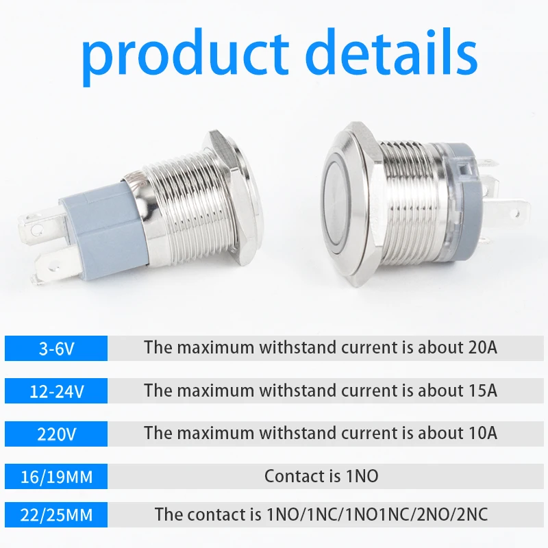 16/19/22/25MM 1NO 10A/15A/20A Large Current Metal Push Button Switch Self Reset Self-Locking With Lamp 3V/6V/12V/24V/48V220V